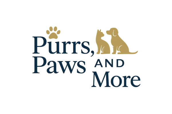 give me just the logo saying "Purrs, Paws and More", Make it look sleek and catchy